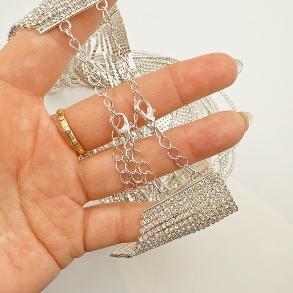 Silver -Tone Rhinestone Pave Waterfall Bib Necklace Multi Strand Chain Collar - Picture 4 of 10